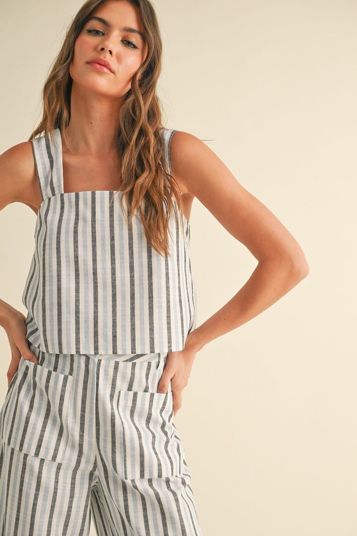 Aspin Linen Stripe Button Back Top