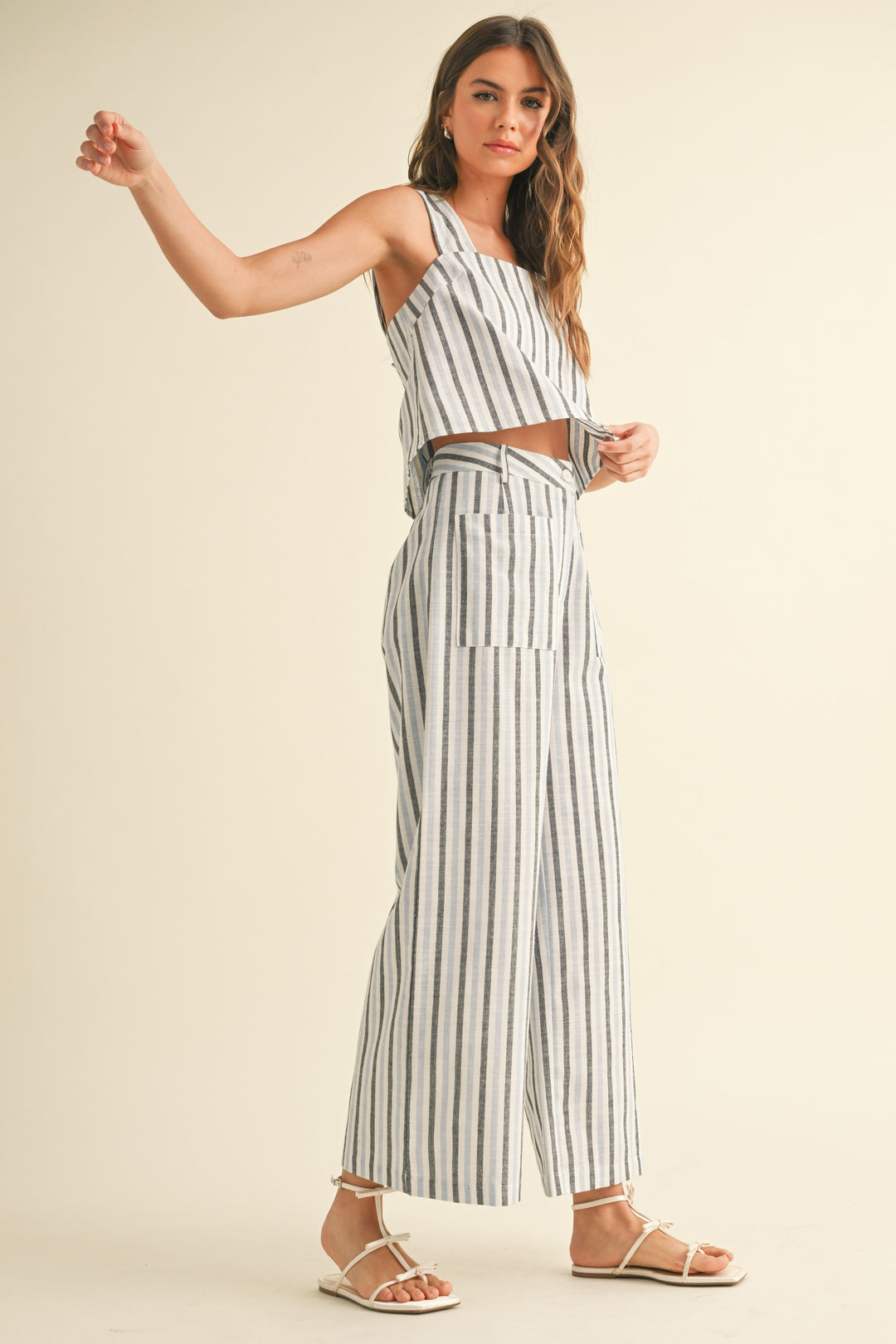 Aspin Linen Stripe Button Back Top