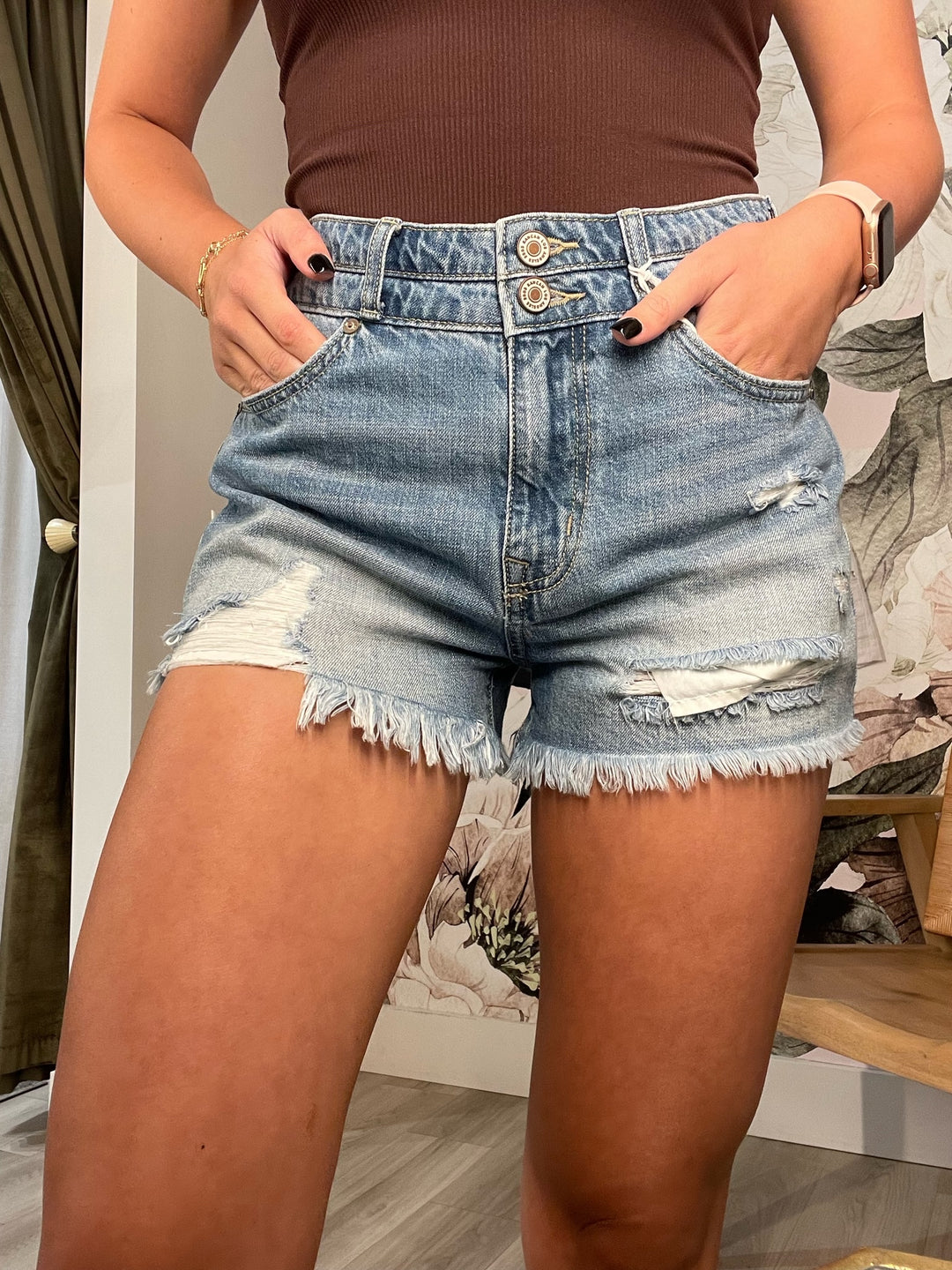 High Rise Double Waistband Mom Shorts