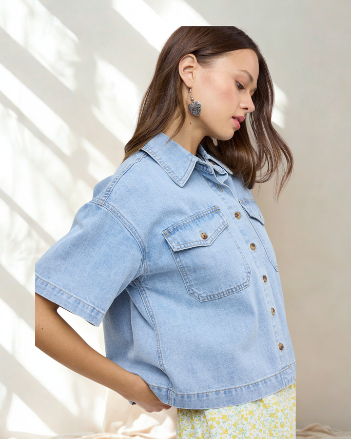 Donna Cotton Denim Relaxed Button-Up Croped