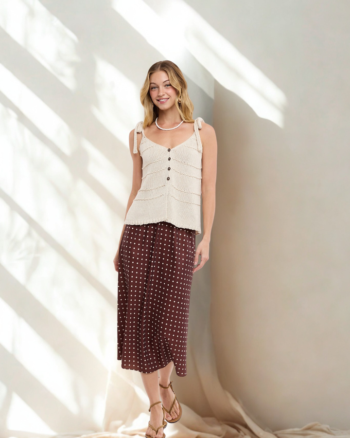 Selena Tie Shoulder Button-Up Knit Top