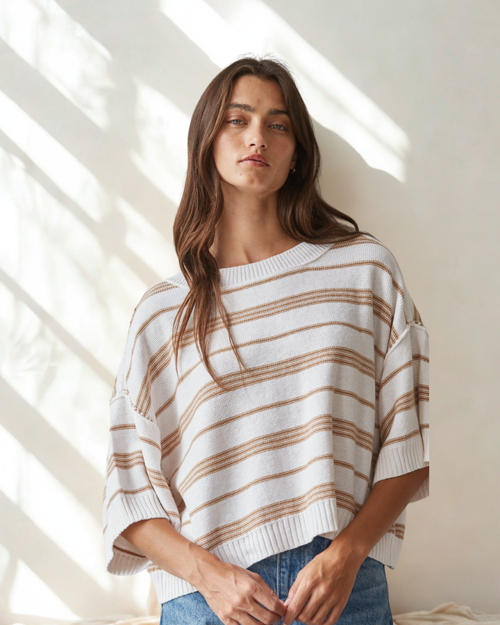 Livvy 3/4 Sleeve Stripe Crop Sweater Top