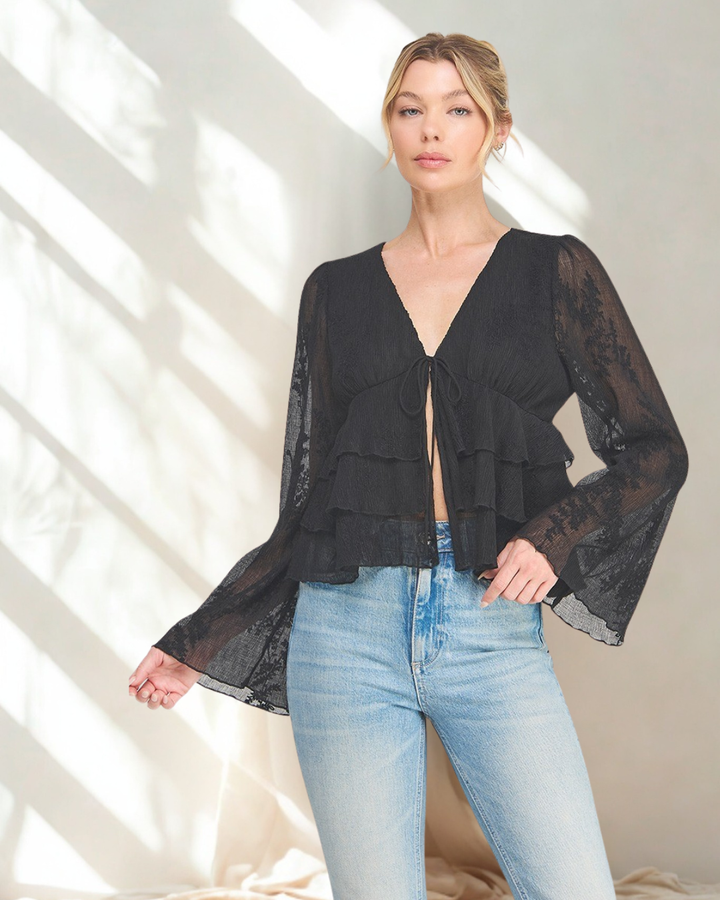 Amara Embroidered Tie Front Bell Sleeve Top