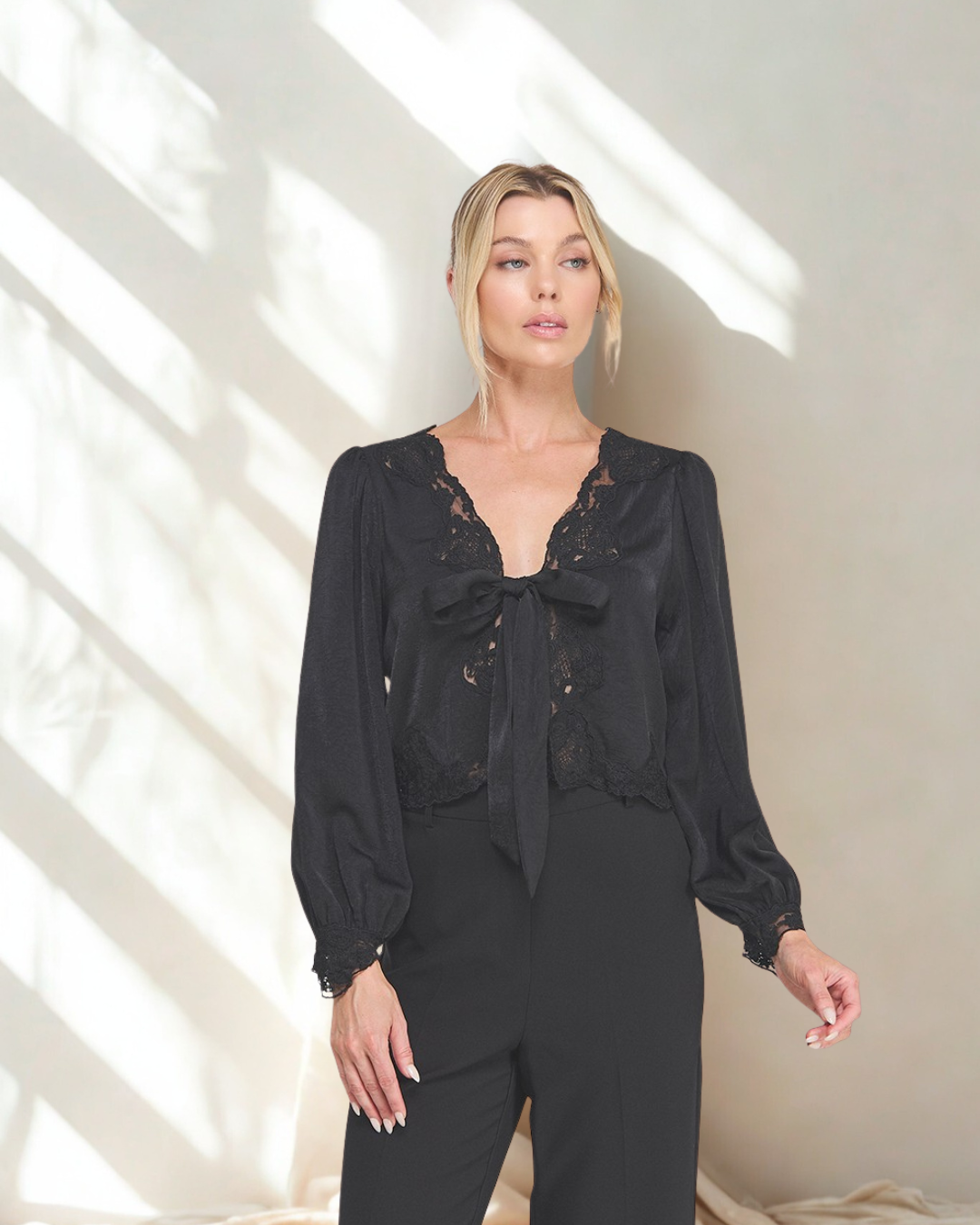 Carla Satin Lace Trim Tie Front Blouse
