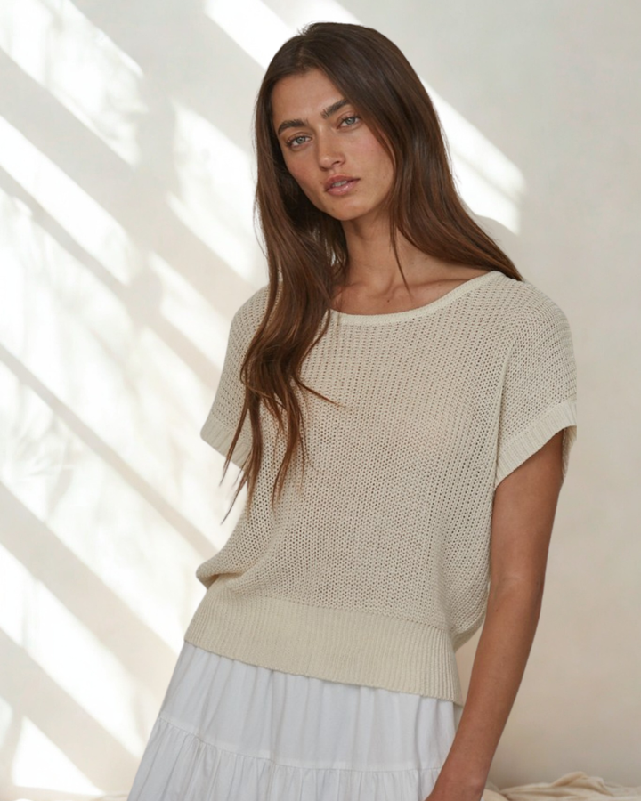 Lacey Mesh Knit Cap Sleeve Sweater Top