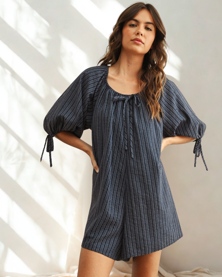Sydney 3/4 Sleeve Striped Embroidered Romper