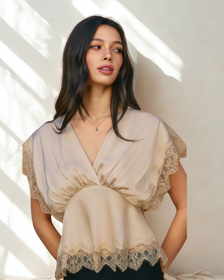 Clarice Satin Lace Trim Sleeved Top