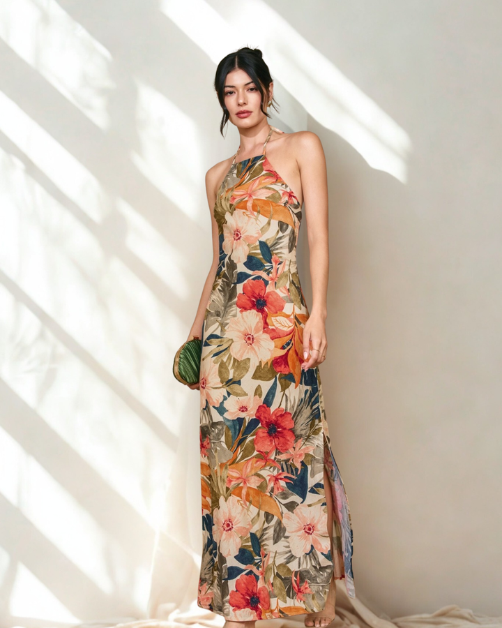 Elise Floral Print Tie Back Maxi Dress