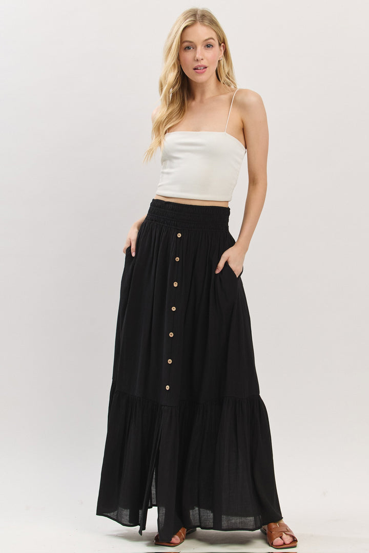 Blain Smocked Waist Button Maxi Skirt