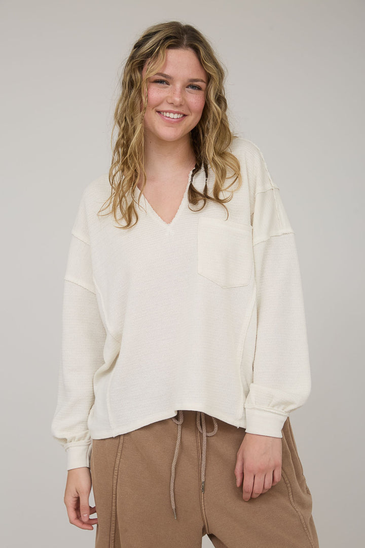 Alma Waffle Knit Split Neck Casual Top