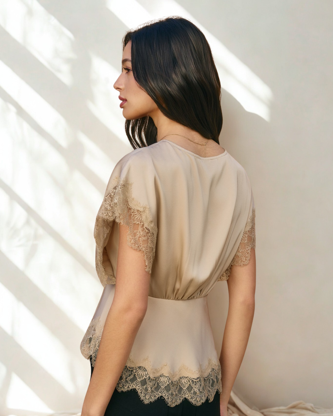 Clarice Satin Lace Trim Sleeved Top