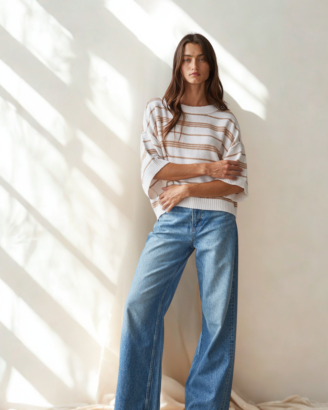 Livvy 3/4 Sleeve Stripe Crop Sweater Top