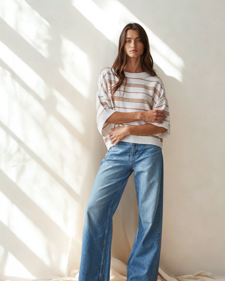 Livvy 3/4 Sleeve Stripe Crop Sweater Top