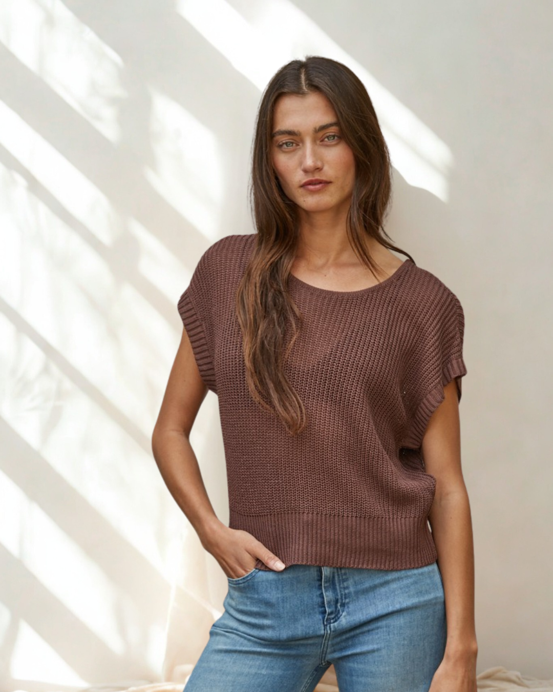 Lacey Mesh Knit Cap Sleeve Sweater Top