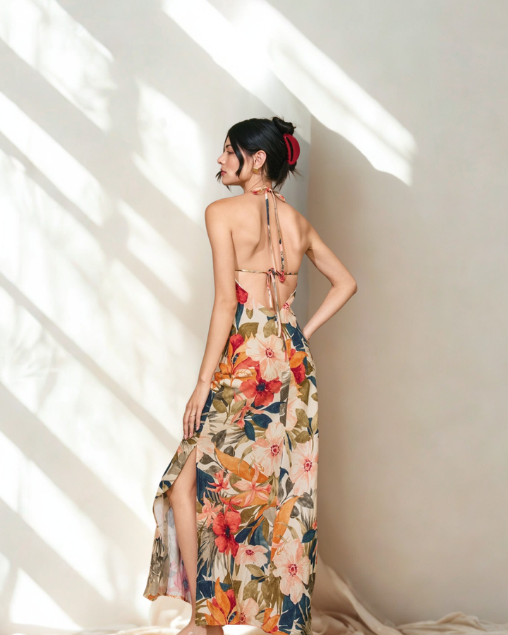 Elise Floral Print Tie Back Maxi Dress