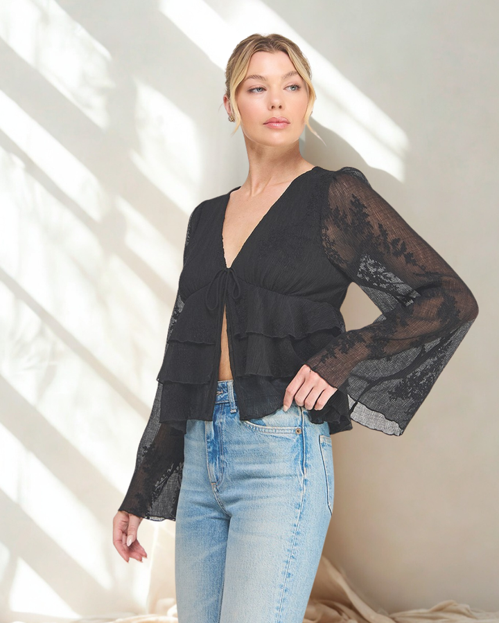 Amara Embroidered Tie Front Bell Sleeve Top