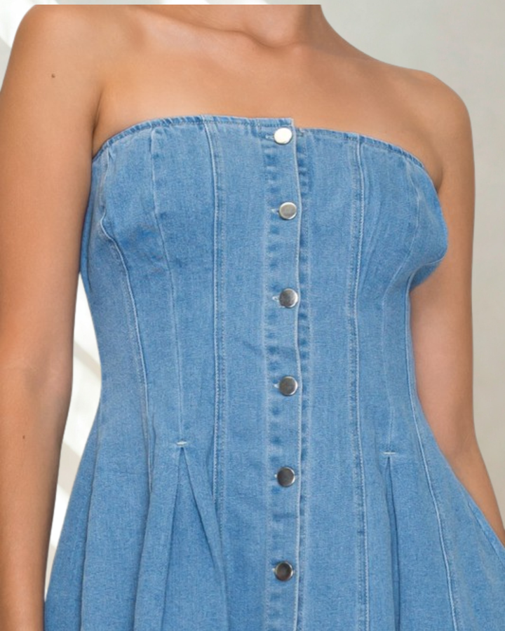 Karli Button Front Strapless Denim Dress