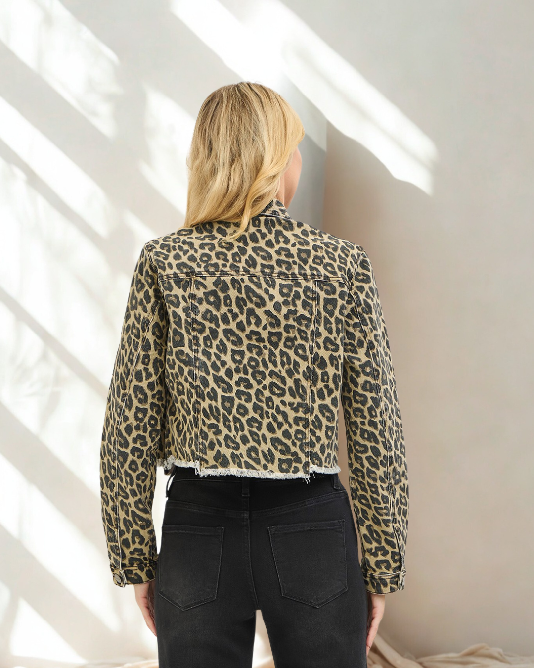 Aria Leopard Crop Fray Hem Denim Jacket