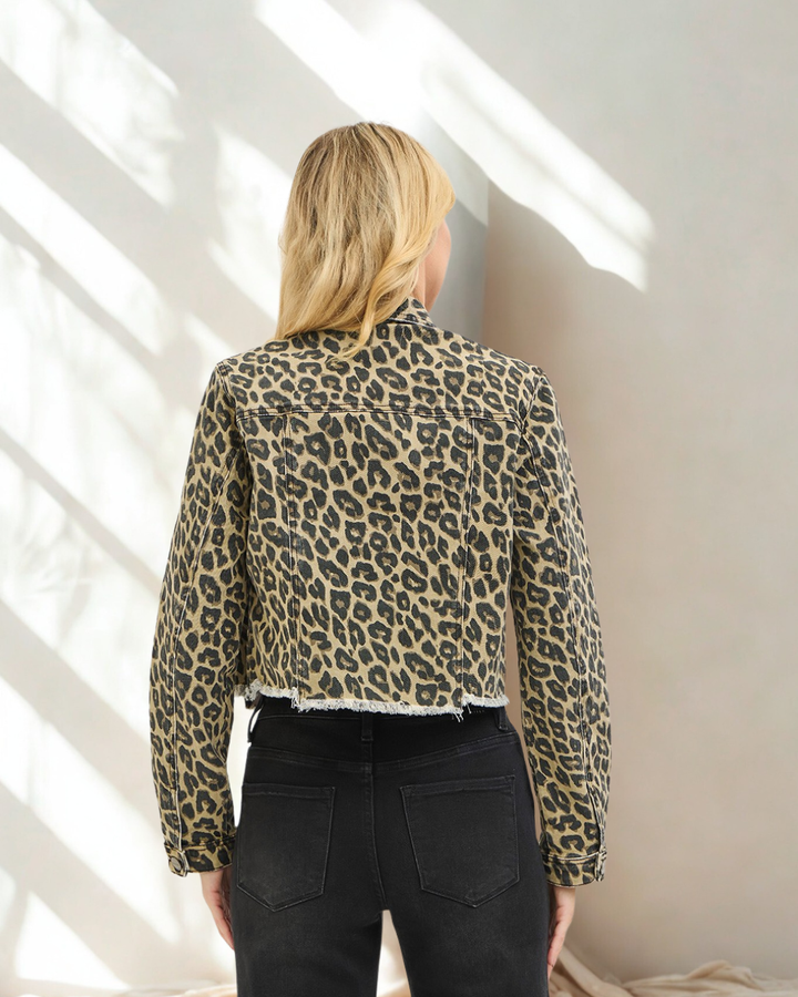Aria Leopard Crop Fray Hem Denim Jacket