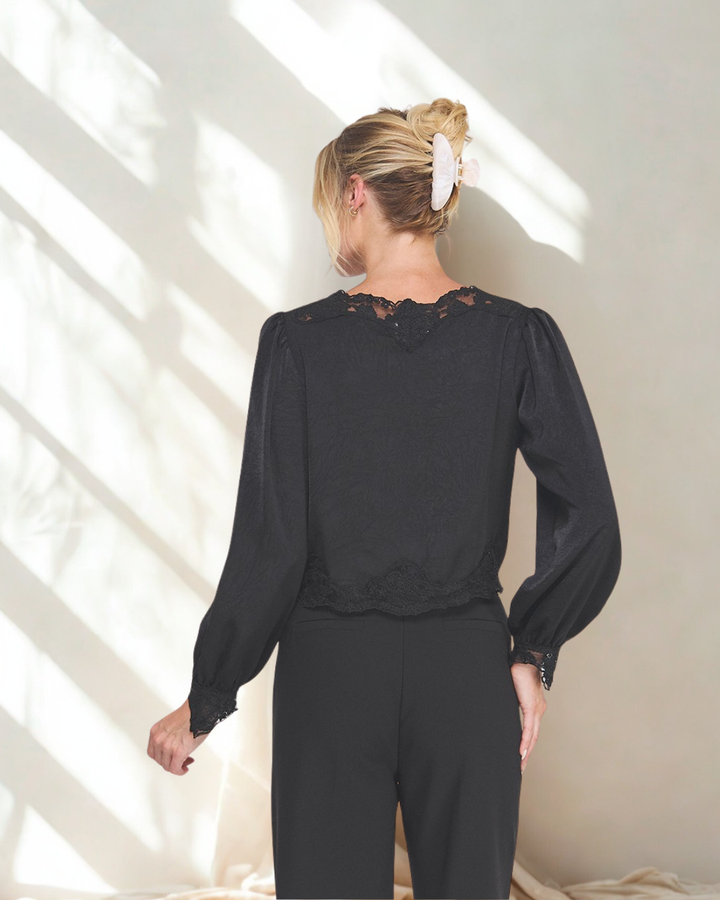 Carla Satin Lace Trim Tie Front Blouse