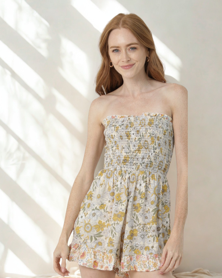 Ailee Floral Ruffle Hem Strapless Romper