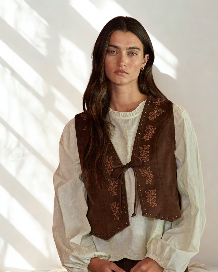 Joni Embroidered Faux Suede Tie Vest