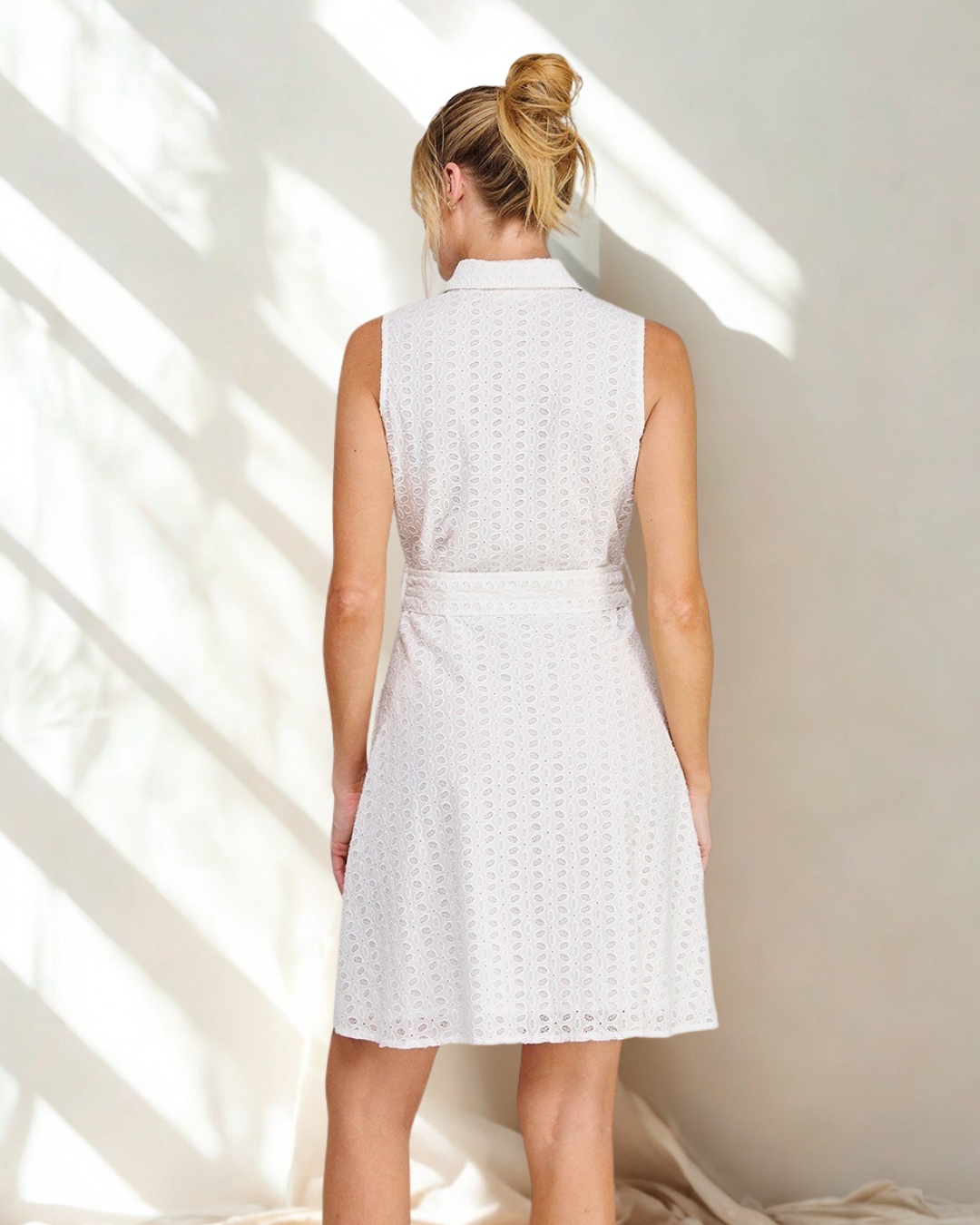 Evelyn Eyelet Collared button down wood belt dress.