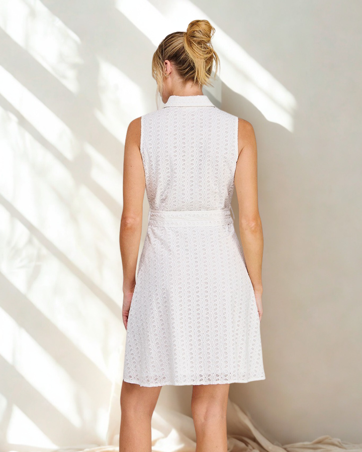 Evelyn Eyelet Collared button down wood belt dress.