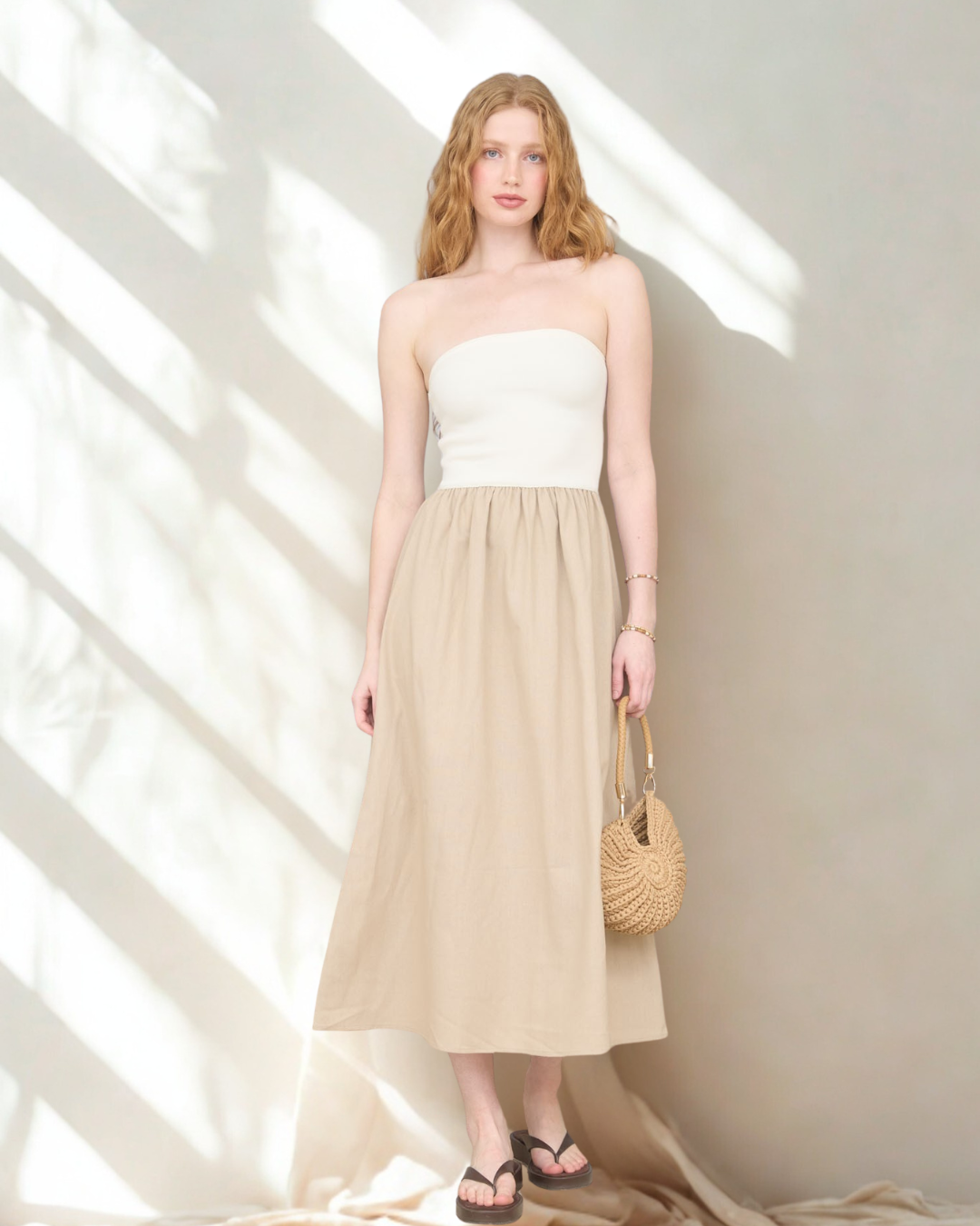 Hannah Strapless Mixed Media Midi Dress