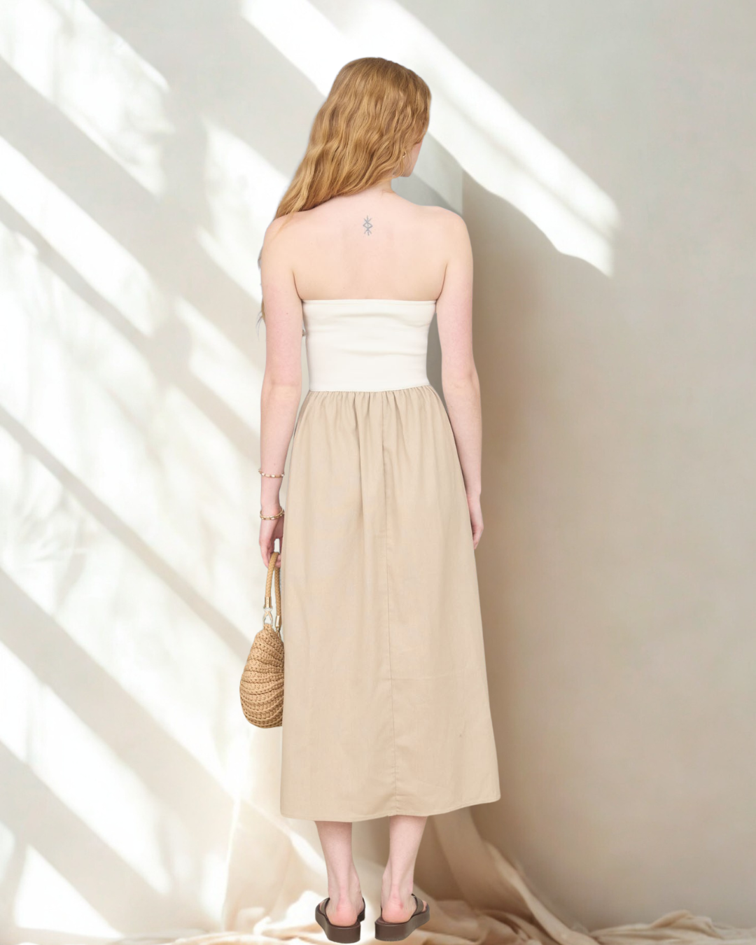 Hannah Strapless Mixed Media Midi Dress