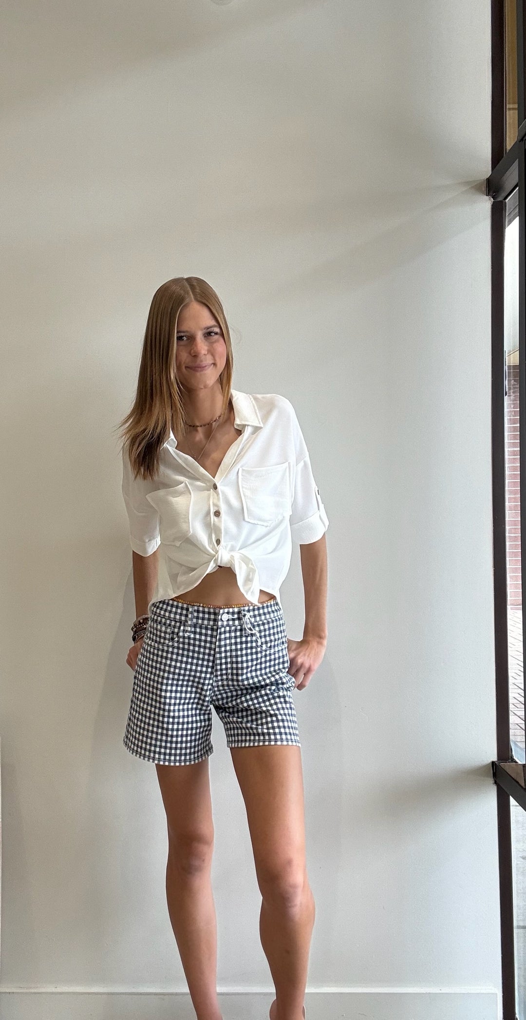 Erica Collared V Neck Button Down Tab Sleeve Shirt