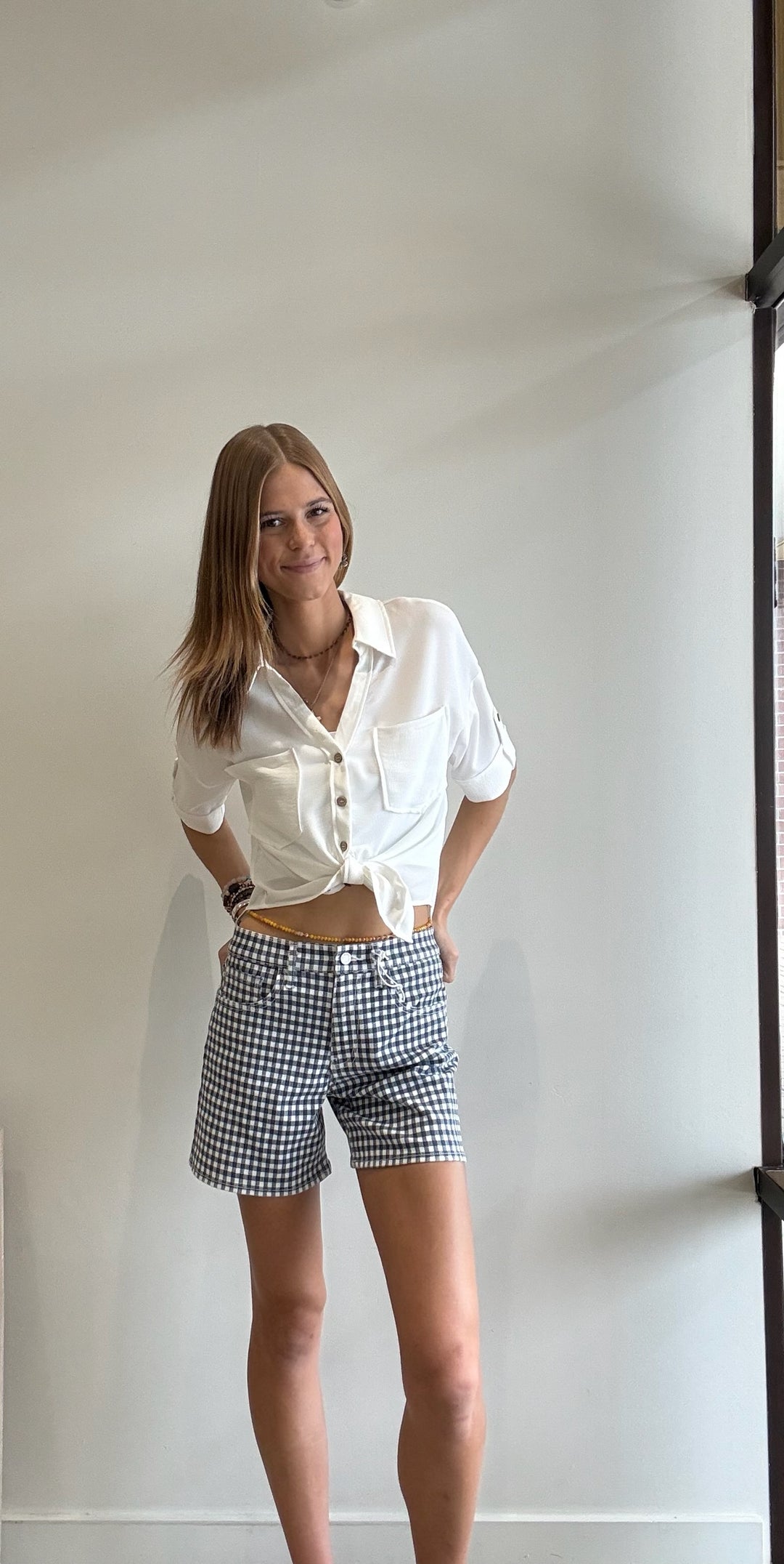 Erica Collared V Neck Button Down Tab Sleeve Shirt