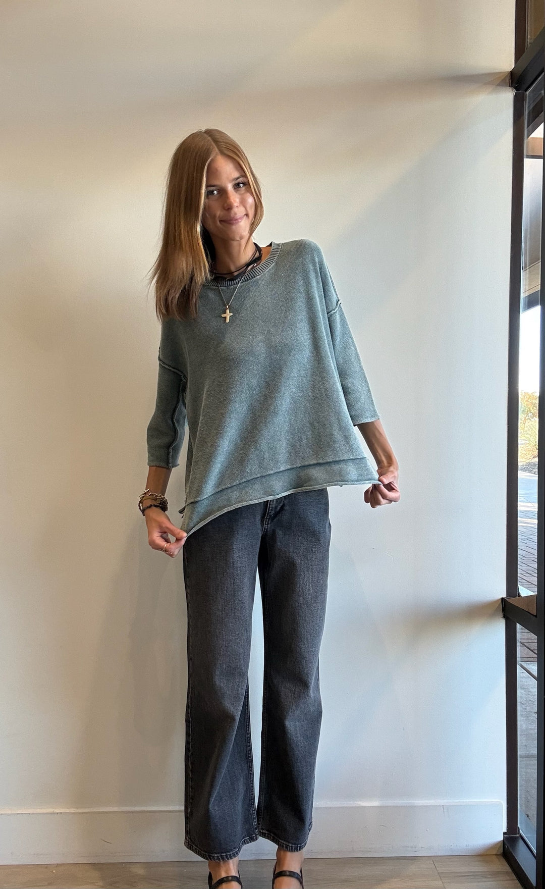 Zoe Washed 3/4 Sleeve Sweater Top