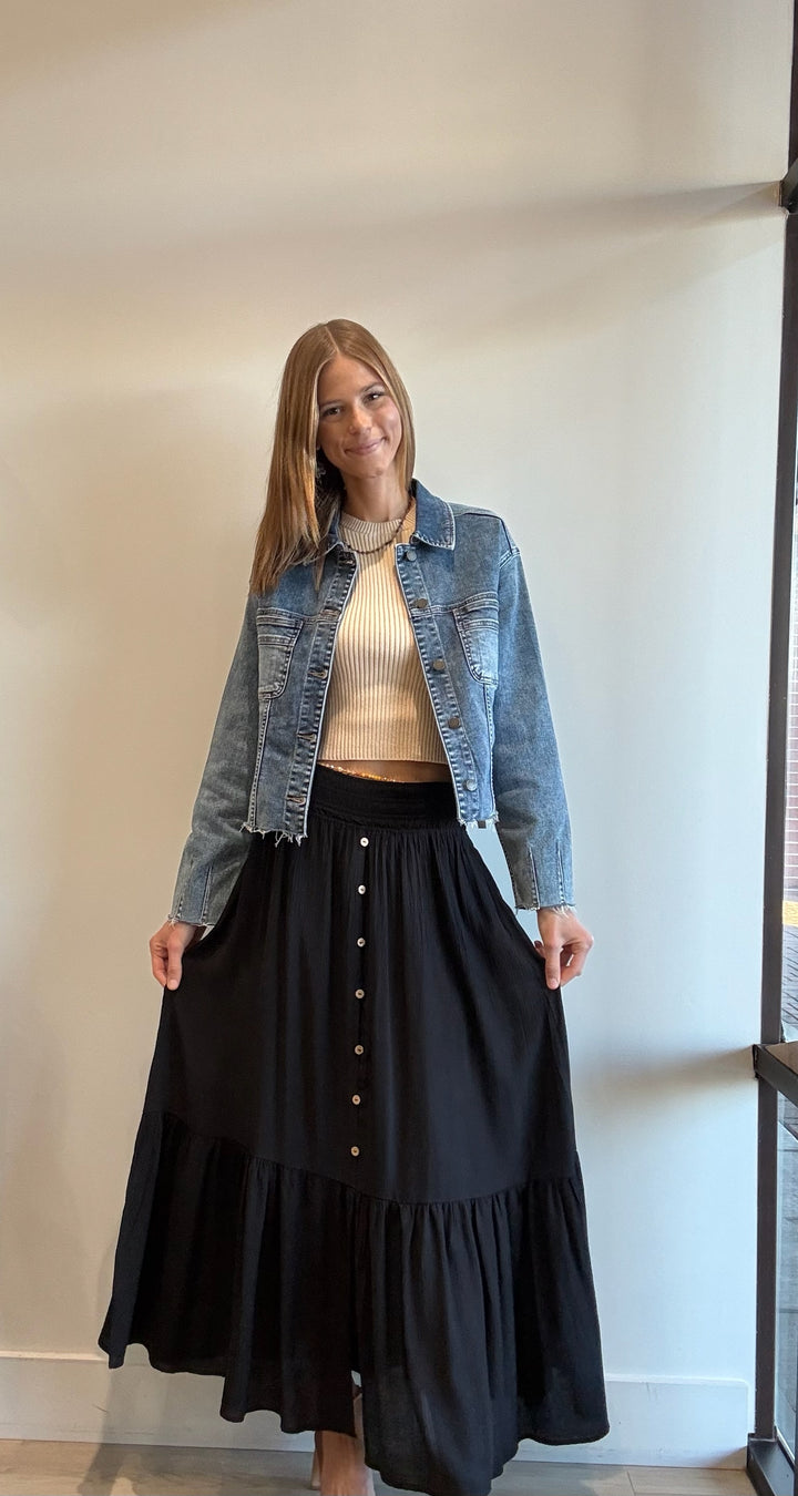 Blain Smocked Waist Button Maxi Skirt