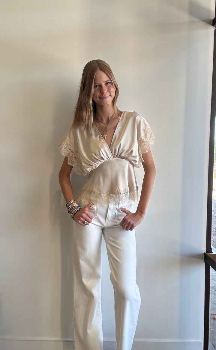Clarice Satin Lace Trim Sleeved Top