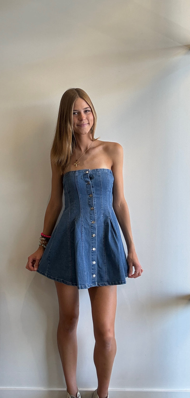Karli Button Front Strapless Denim Dress