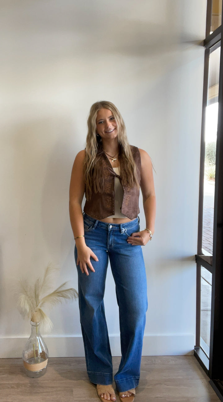 Joni Embroidered Faux Suede Tie Vest