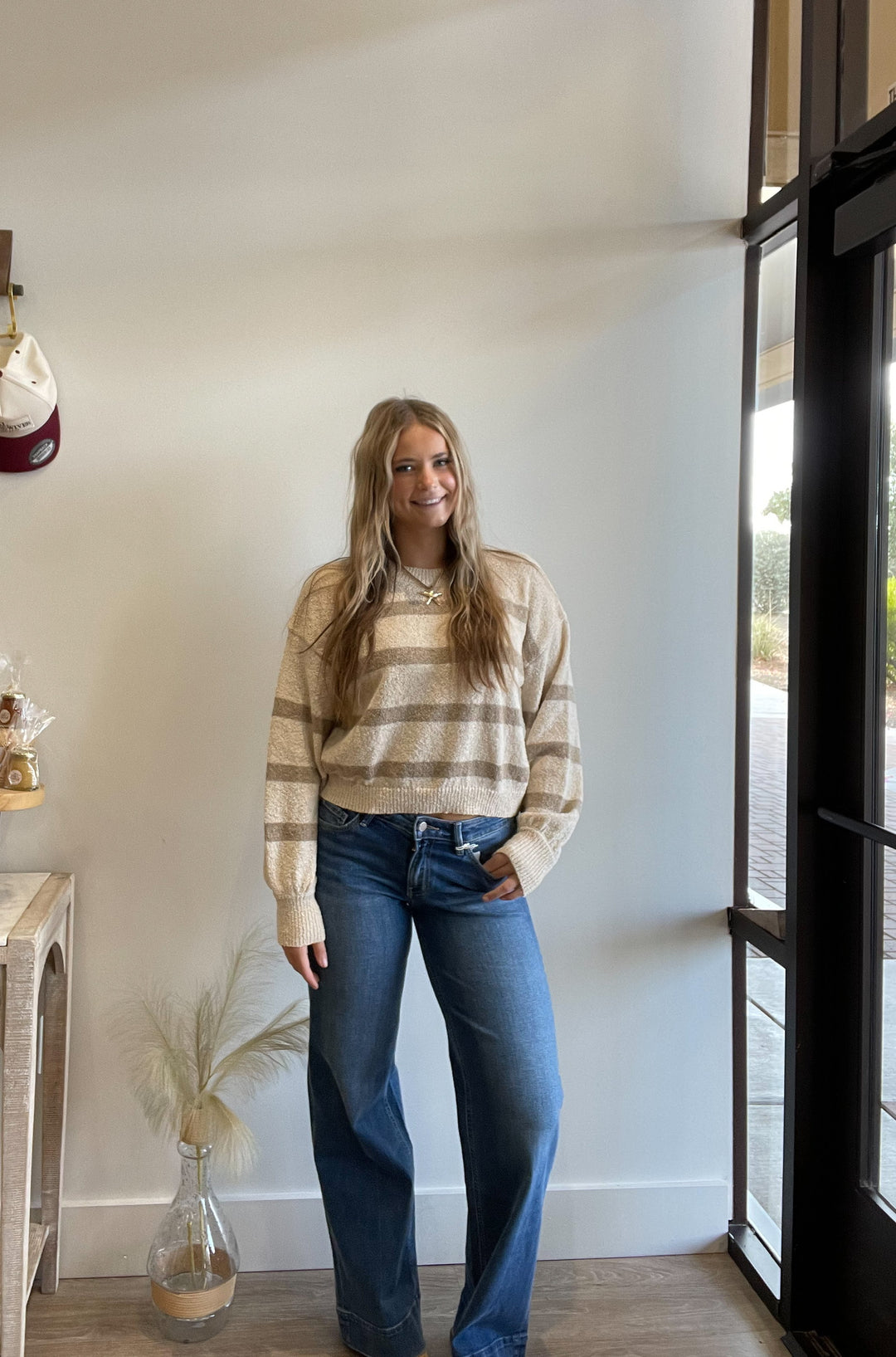Tori Stripe Popcorn Crop Sweater Top