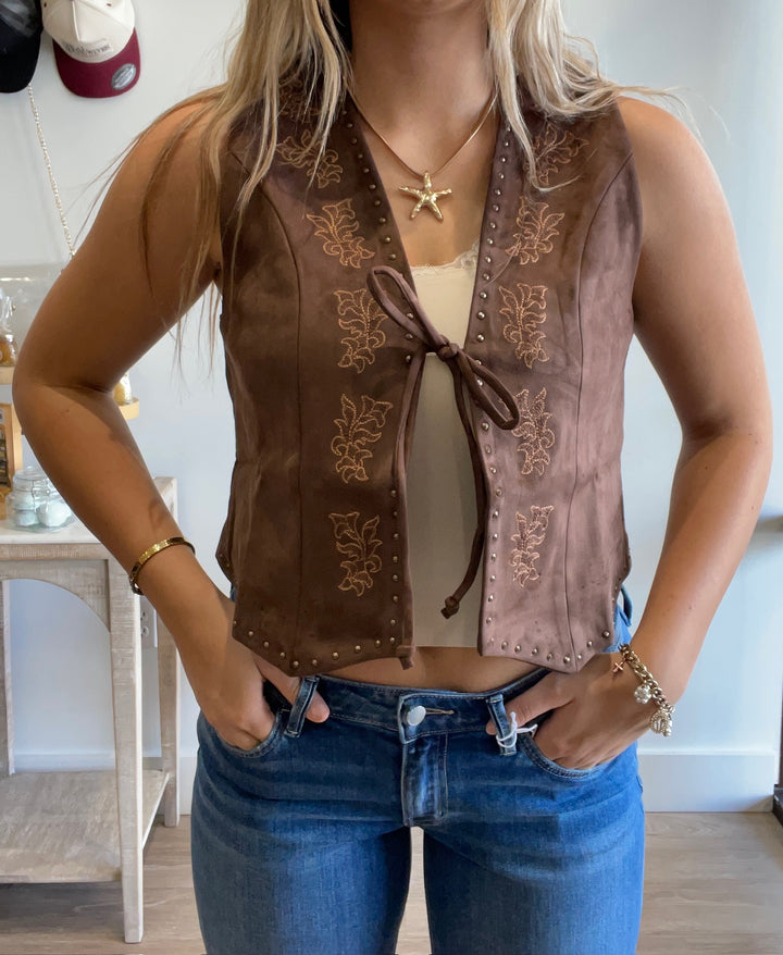 Joni Embroidered Faux Suede Tie Vest