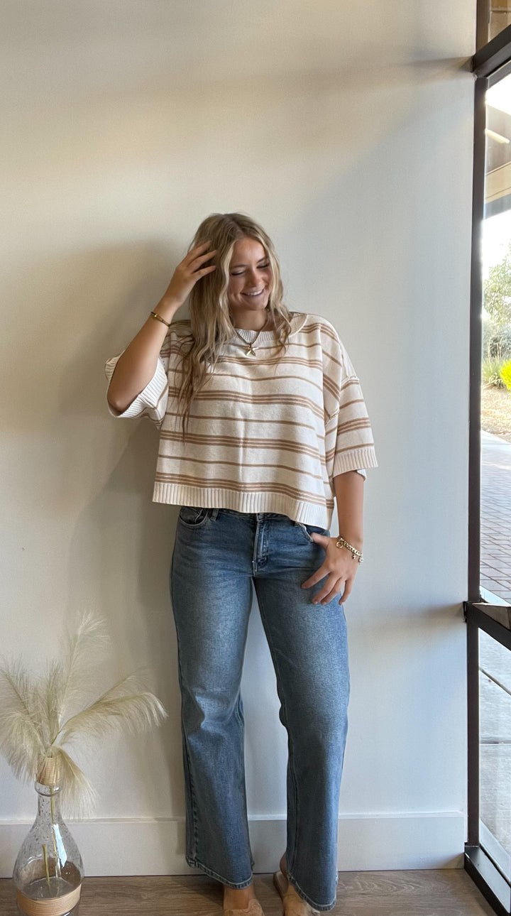 Livvy 3/4 Sleeve Stripe Crop Sweater Top