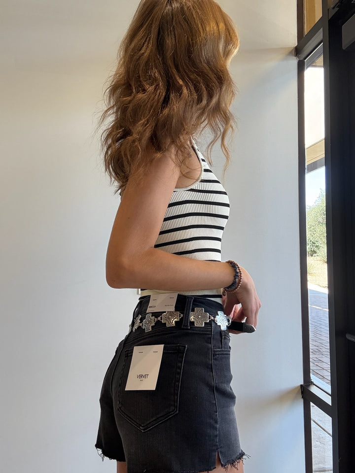 The Koryn Black Wash Raw Hem Denim Short