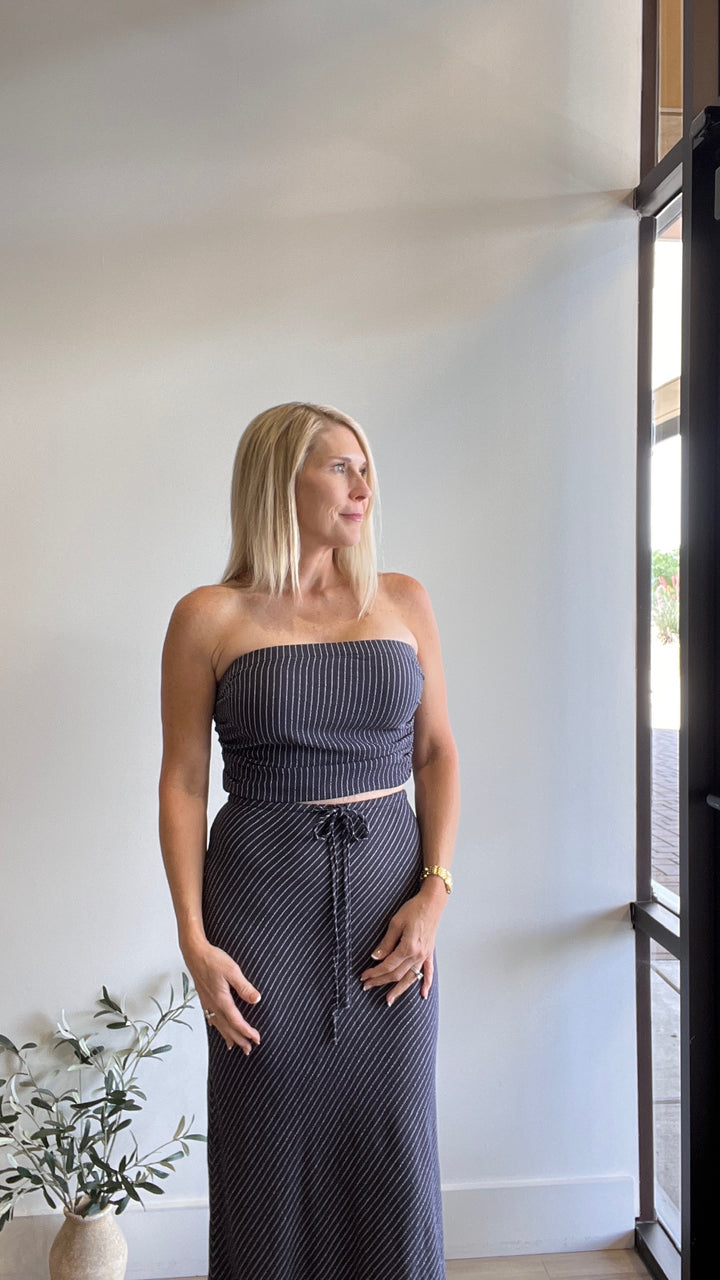 Kiera Fine Pin Strip Bando Top Maxi Skirt Set