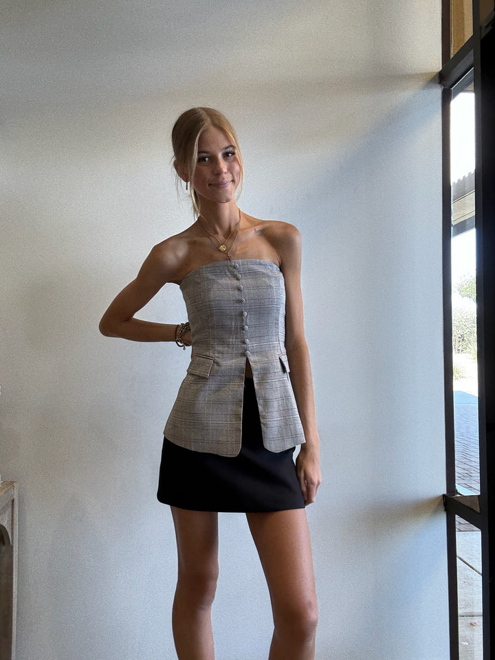 Lia Strapless Plaid Button Front Top