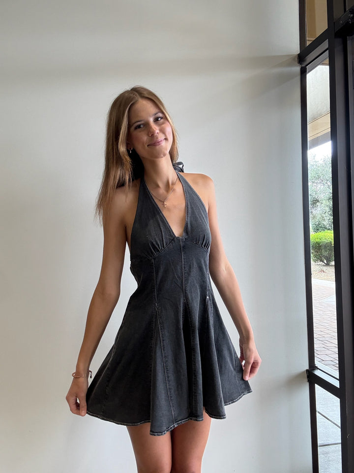 Lily Halter Neck Open Back Denim Dress