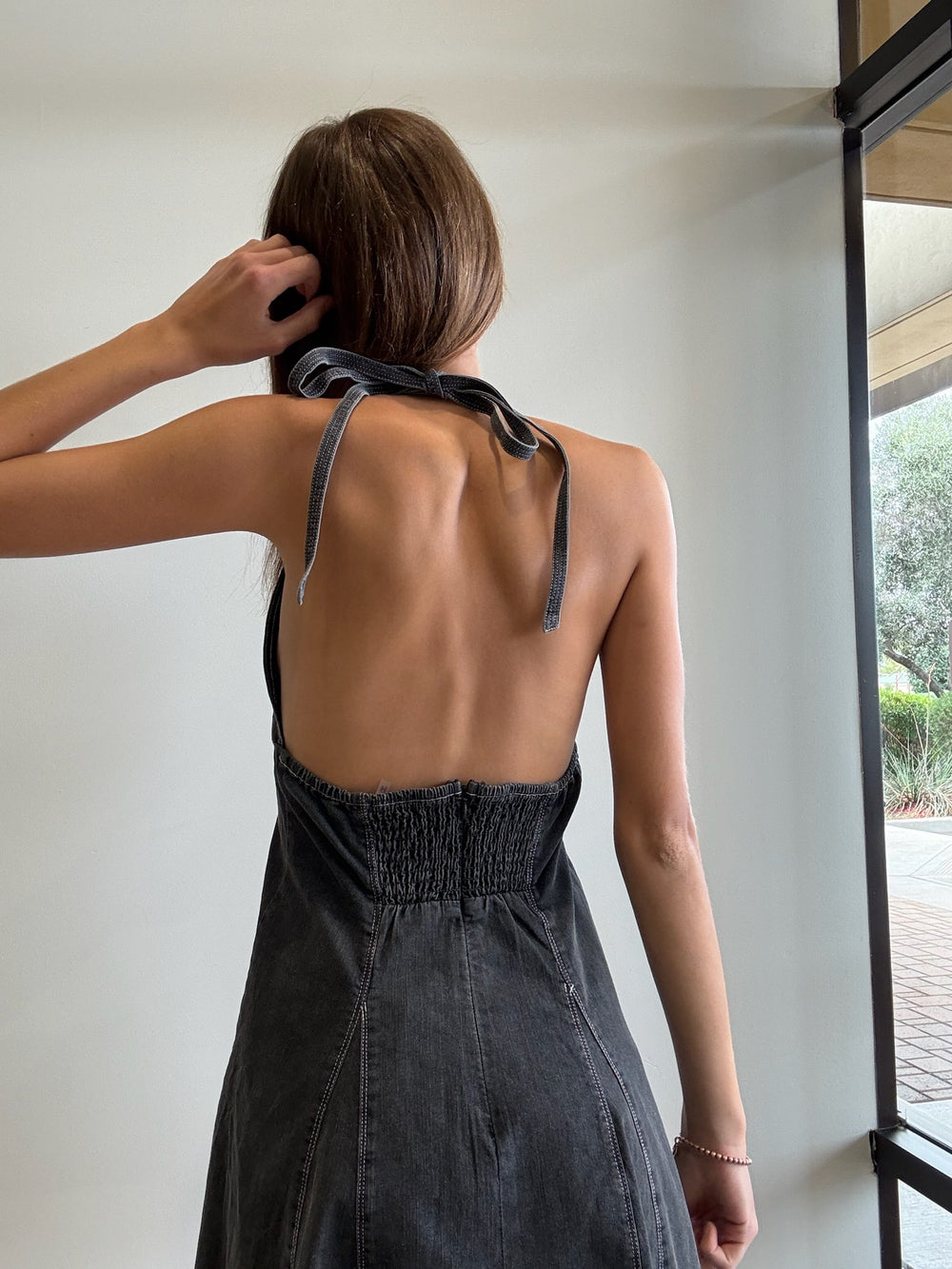 Denim Midi Low Back Denim Dress Fit And Flare Mini Denim Dress In Washed Black FINAL Denim Midi Low Back Denim Dress Fit And Flare Mini Denim Dress In Washed Black FINAL
