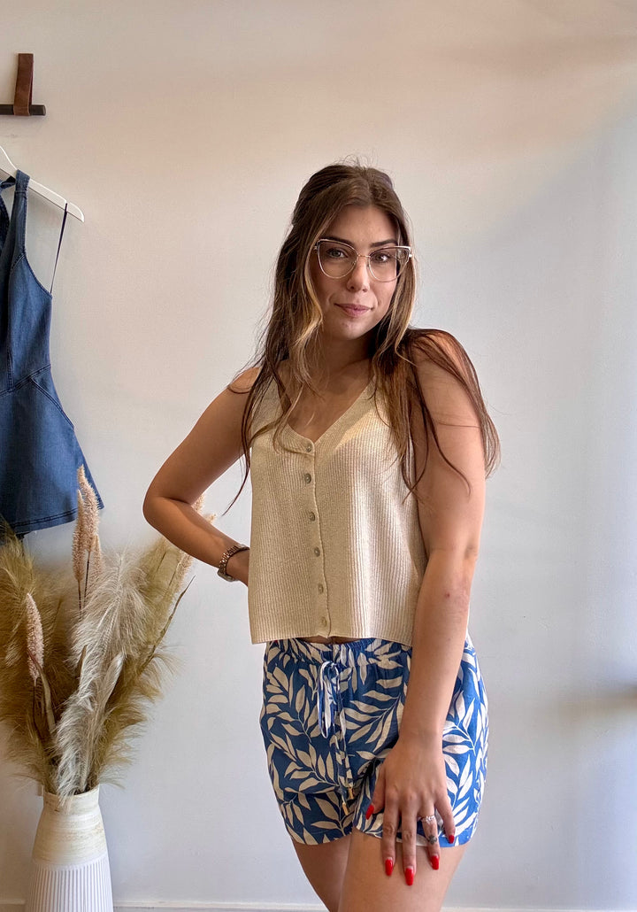 Avery Shimmer Button Front Crop Tank