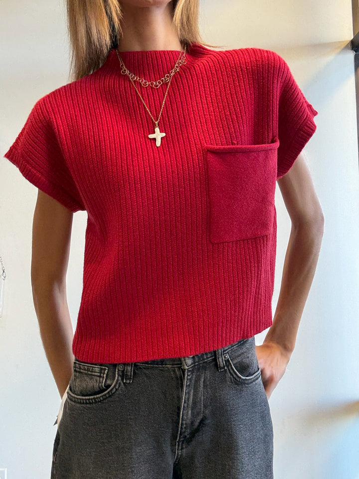 Bella S/S Ribbed Red Sweater Top