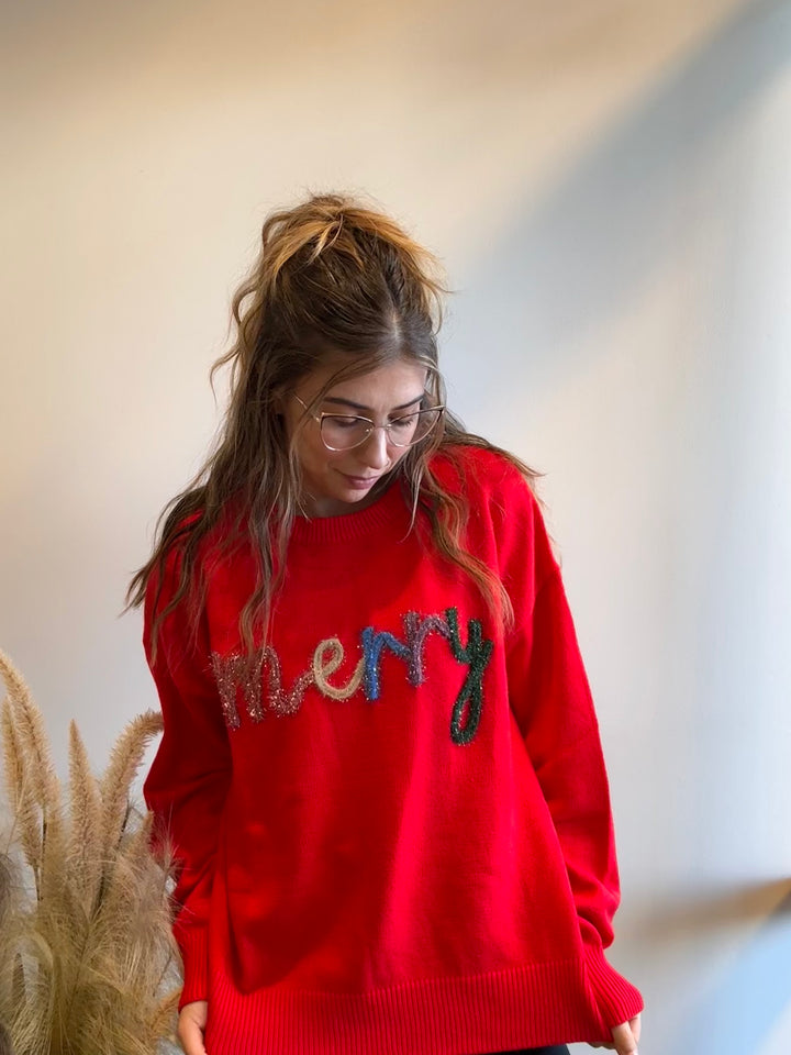 Merily Tinsel Letter Holiday Sweater