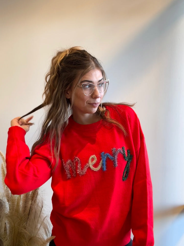 Merily Tinsel Letter Holiday Sweater
