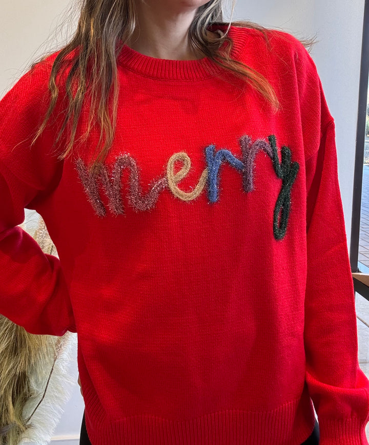 Merily Tinsel Letter Holiday Sweater
